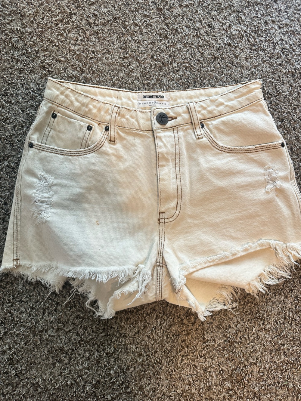One Teaspoon Cream Distressed Denim Cutoff Shorts